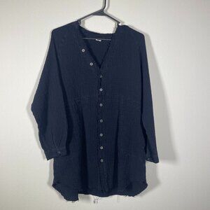 GENJUN Women's Gauzy Button-Down Tunic Top Lagenlook w/Pockets Black Medium